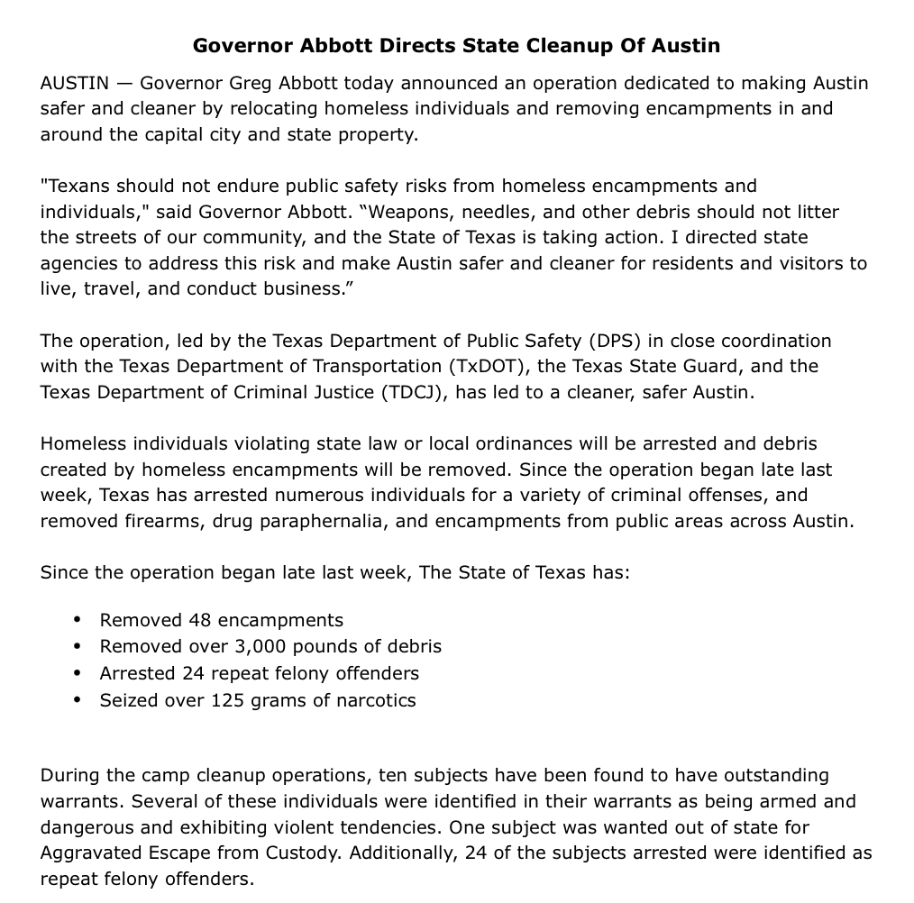 NEW: Governor <a href="/GregAbbott_TX/">Greg Abbott</a> announced an operation to relocate homeless individuals and remove encampments in Austin. 

Texas is taking action to protect public safety and restore our communities.

This makes Austin safer. 

Read more: bit.ly/3KYHE2I