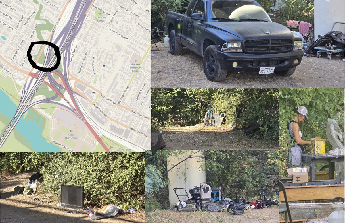 This encampment on Johnson Creek was reported to and acknowledged by @atx_311 over a year ago but it keeps worsening. Tents on a slope, filled with stolen items. It may be cleared by election day, but it will return, just like the others.  No on Q.