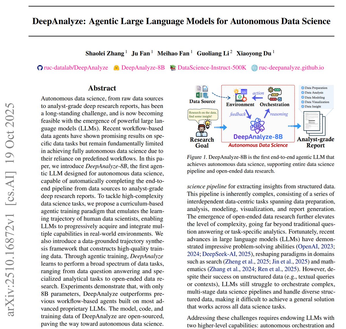 carmelkron's tweet image. What if an AI could perform entire data science projects, from raw CSVs to full analytical reports, ALL BY ITSELF?
Meet DeepAnalyze, the first agentic LLM built for autonomous data science.
Here’s how it works and why it matters 🧵