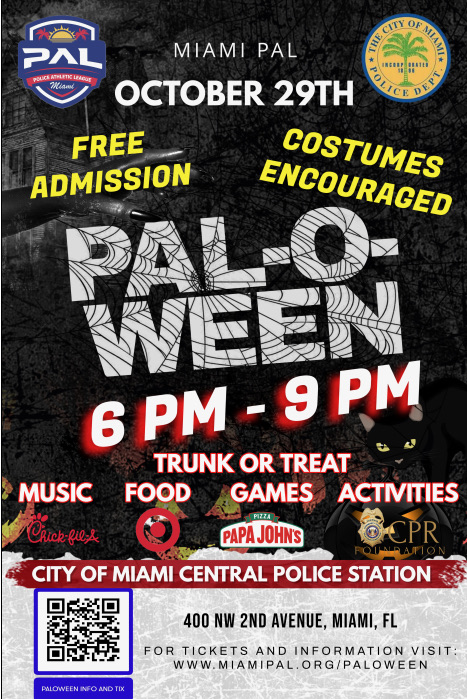 🎃 Join us for PAL-O-WEEN on October 29th!
Free admission, costumes encouraged, and fun for the whole family! Trunk-or-treat, music, food, games &amp; activities await at our Central Station (400 NW 2nd Ave) from 6–9 PM.

More info: miamipal.org/paloween