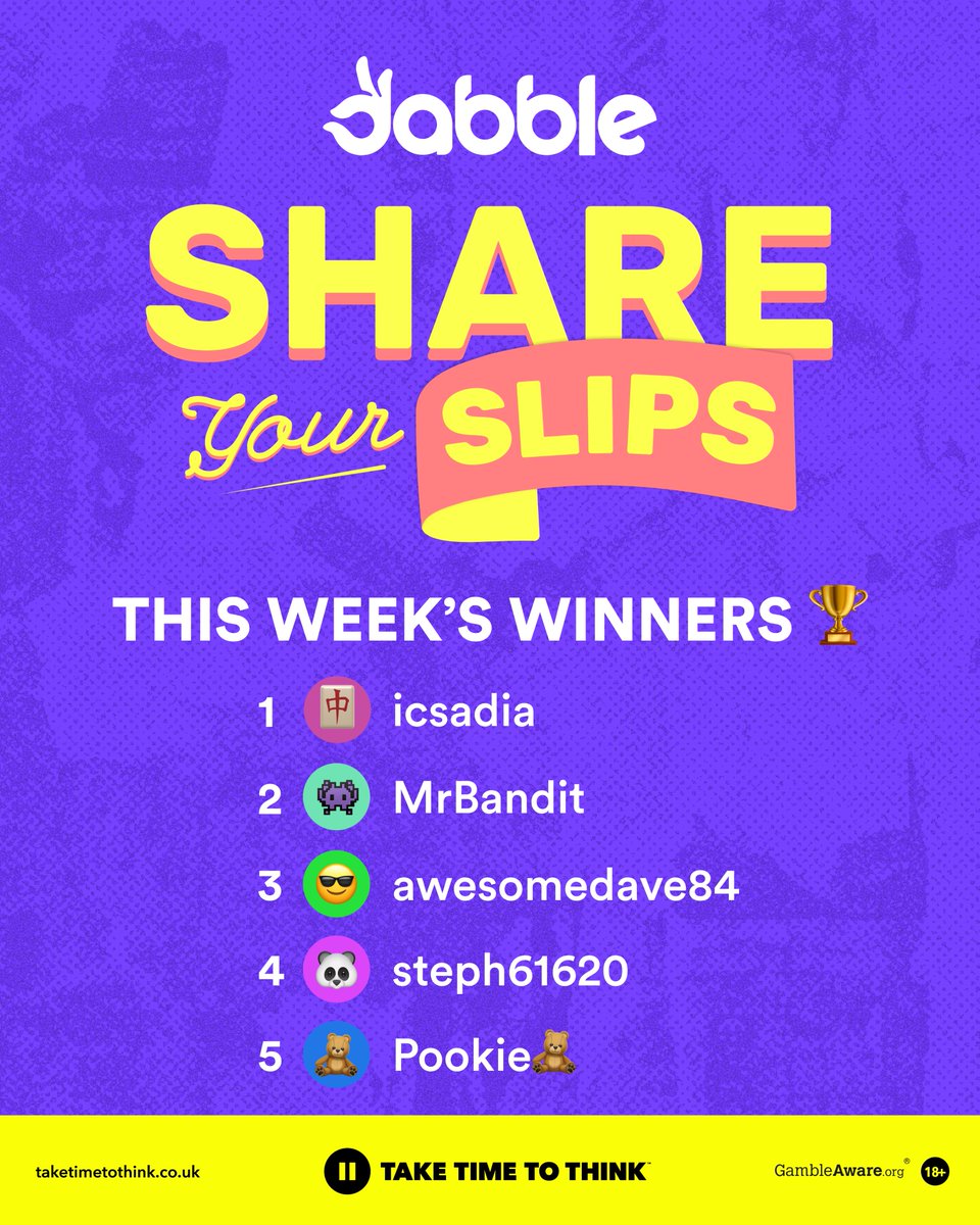 dabblecouk's tweet image. Congrats to this week's Share Your Slips winners ✅
£10 Free Bets for ALL:
@icsadia
@Tommo4755013497
@DavidFranc38517
@steph61620
@pookiebet 
18+. GambleAware.org