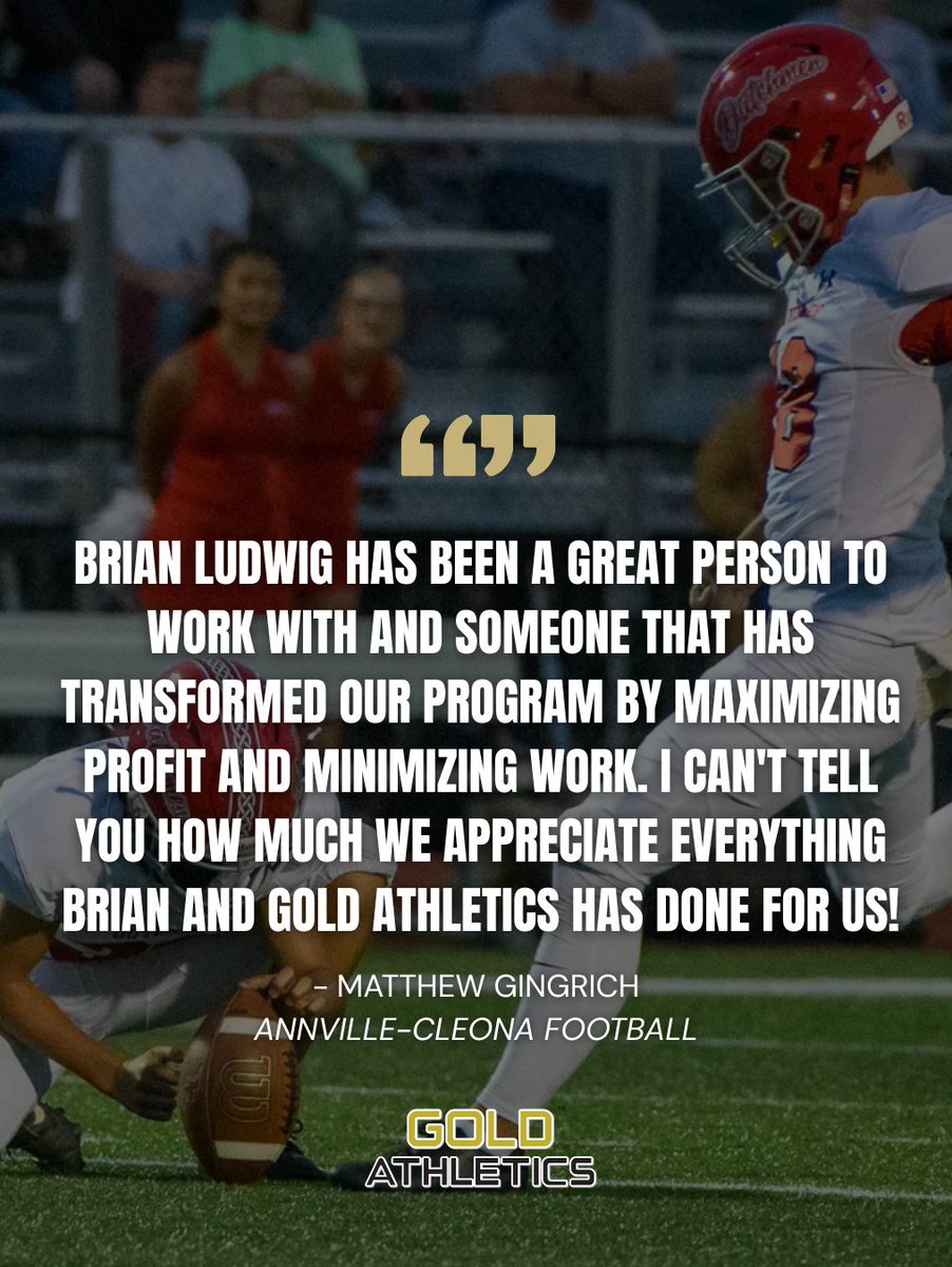 Testimonial Tuesday 💬 “<a href="/GoldLudwig/">Brian Ludwig</a>  has transformed our program by maximizing profit and minimizing work."" We’re proud to spotlight the incredible feedback from Matthew Gingrich of <a href="/ACFootball_Club/">A-C Football</a>

#TestimonialTuesday #GoldAthletics #FundraisingSupport #AnnvilleCleonaFootball