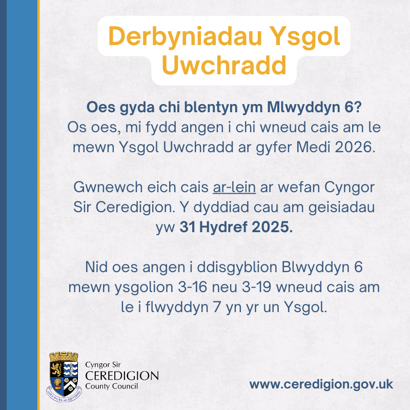 CSCeredigion's tweet image. Ydy’ch plentyn yn dechrau yn yr ysgol uwchradd ym Medi 2026?
Gwnewch gais nawr am le ym Mlwyddyn 7!

Dyddiad cau: 31 Hydref 2025.
👉 Gwnewch gais ar-lein: ceredigion.gov.uk/preswyliwr/ysg…