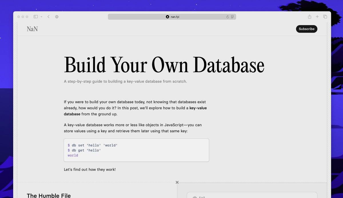 nandafyi's tweet image. New post 🎉
Going back to my roots on writing about the inner workings of things, a breakdown of key-value databases and how you might make one from scratch:
nan.fyi/database