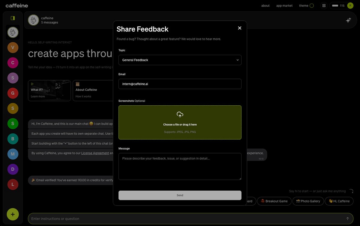 caffeineai's tweet image. When sharing feedback with the team, context matters.
📷 That's why we added the option to add screenshots.
Your feedback continues to be invaluable 🙏
#builtwithcaffeine