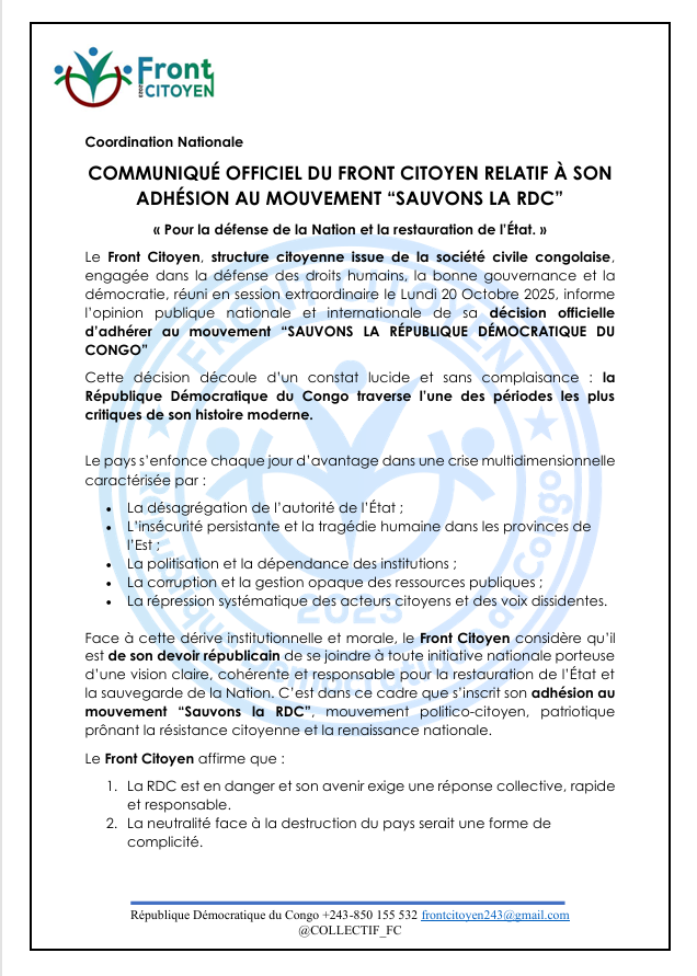 Collectif_FC's tweet photo. NOTRE ADHÉSION AU MOUVEMENT“SAUVONS LA RDC”
La sauvegarde de la Nation n’est pas une option politique, mais un devoir citoyen. L’adhésion au mouvement “#SauvonsLaRDC” symbolise une prise de responsabilité historique face à la faillite morale et institutionnelle du pouvoir actuel. https://t.co/9Lht03YZ2g
