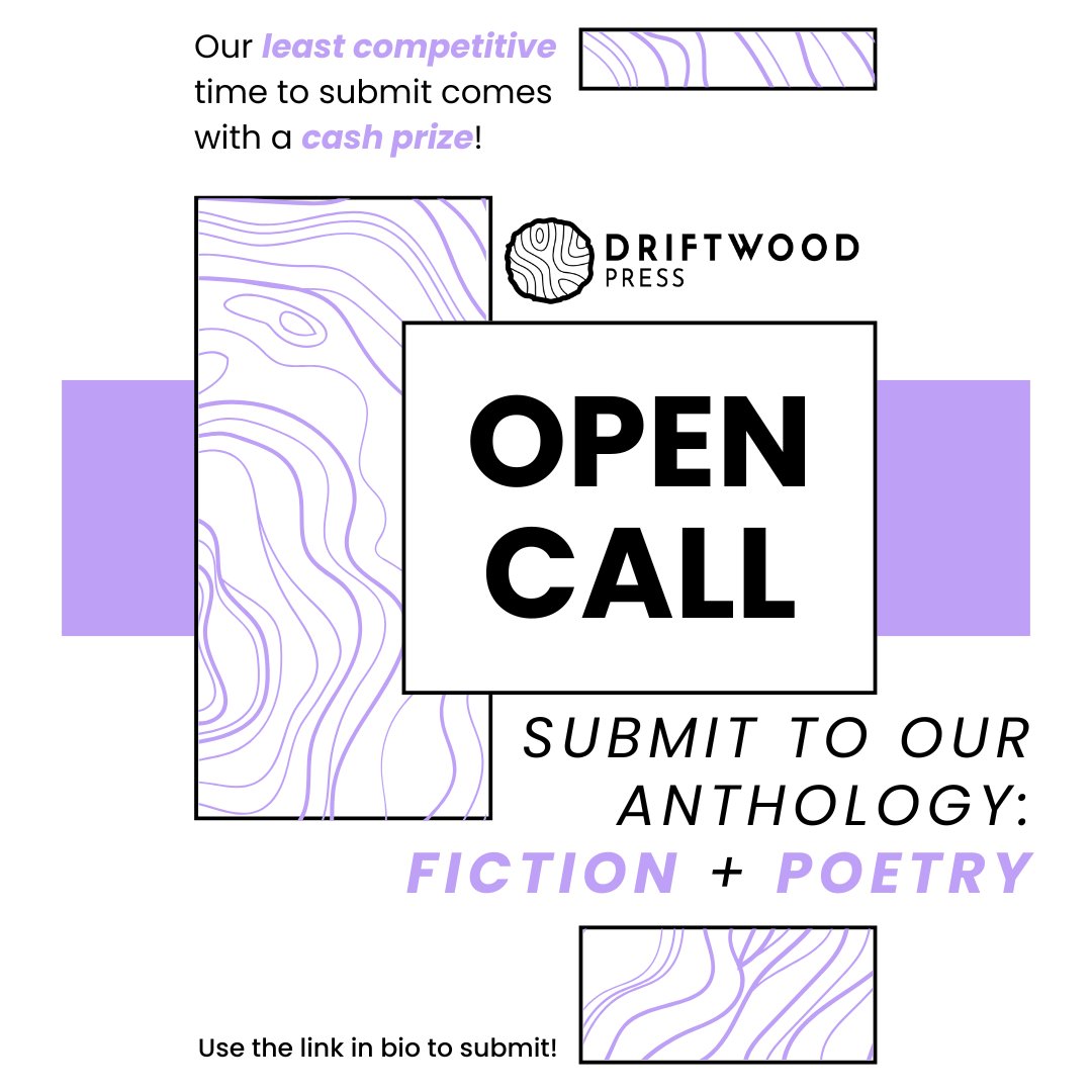driftwoodpress's tweet image. Submit to the Driftwood Annual Anthology: Use the link in our bio to submit your best short story or poem for a chance to be published and get paid! #callforsubmissions