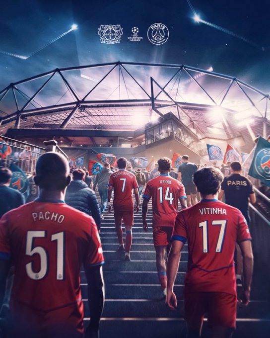 Dramatic scene inside a brightly lit stadium entrance archway with players in red jerseys numbered 51, 17, and 14 walking up concrete steps toward the field. Team flags in blue and red wave on both sides, with Paris Saint-Germain and UEFA Champions League logos visible in the top corners. Players include individuals with names like Vitinha and others in athletic wear, surrounded by additional team members in casual clothing.