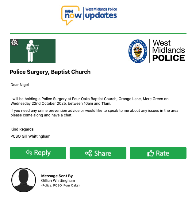 #PoliceSurgery : Four Oaks Baptist Church Mere Green 22nd October