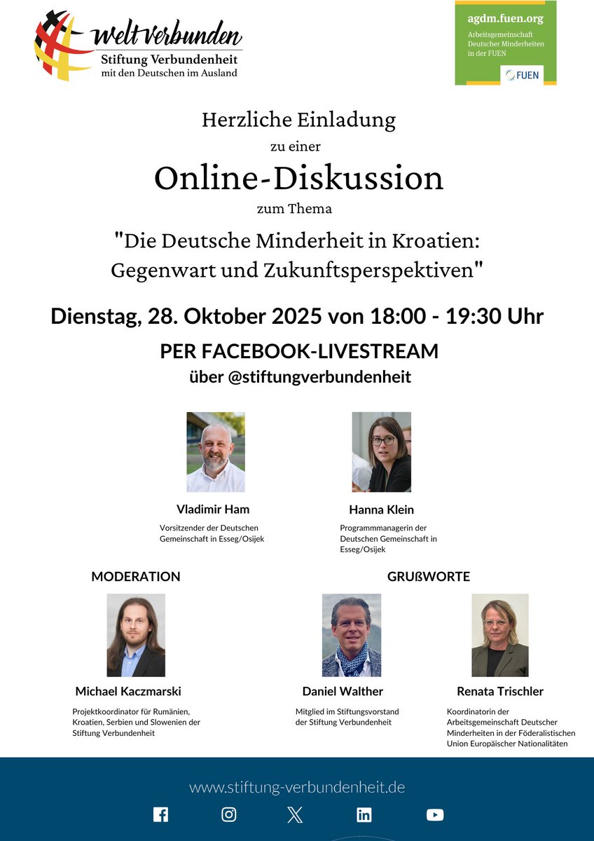 Einladung zur Online-Veranstaltung "Deutsche Minderheit in Kroatien: Gegenwart und Zukunftsperspektiven"

Die Stiftung Verbundenheit lädt gemeinsam mit der Arbeitsgemeinschaft Deutscher Minderheiten (AGDM) zu einer neuen Ausgabe des Online-Veranstaltungsformats "Deutsche