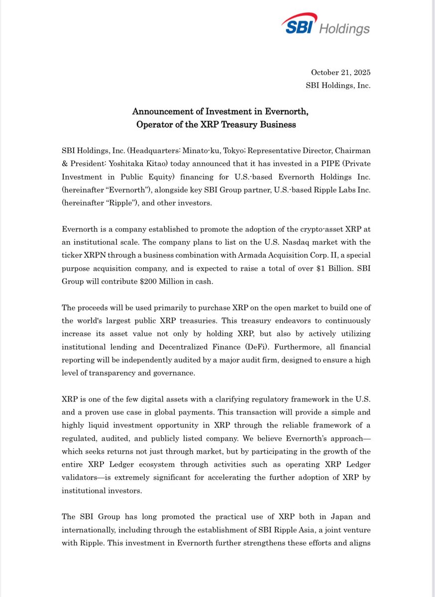 Massive press release here from @yoshitaka_kitao and SBI around their $200m  cash investment into @evernorthxrp “Primarily to buy $XRP”