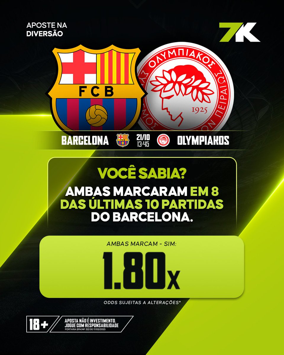 Jogo bom é jogo com gol dos dois lados! ⚽🔥

O Barça vem com 8 de 10 partidas tendo rede balançada pra todo mundo 😏

Será que hoje repete a dose? 👀
👉 Vem ver em: 7k.bet.br/sports/futebol…

🔞 Aposta não é investimento. Apenas para maiores de 18 anos. Jogue com responsabilidade.