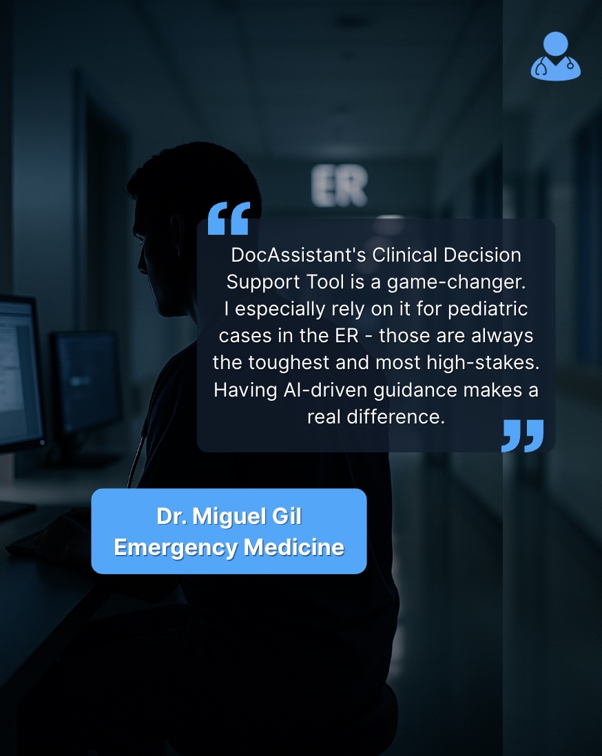 DocAssistant_ai's tweet image. Supporting confident clinical decisions in fast-paced settings is what DocAssistant was made for. Thank you to Dr. Miguel Gil for sharing how it’s making a difference where it matters most.