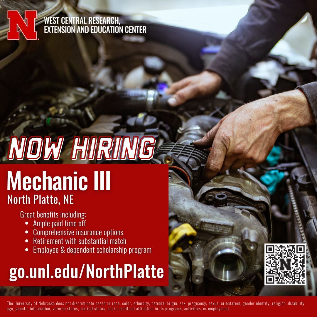 wcreec's tweet image. Exciting opportunity alert! 🔧
We're looking for a Mechanic to join our team in North Platte, NE. Apply now at go.unl.edu/northplatte 📲