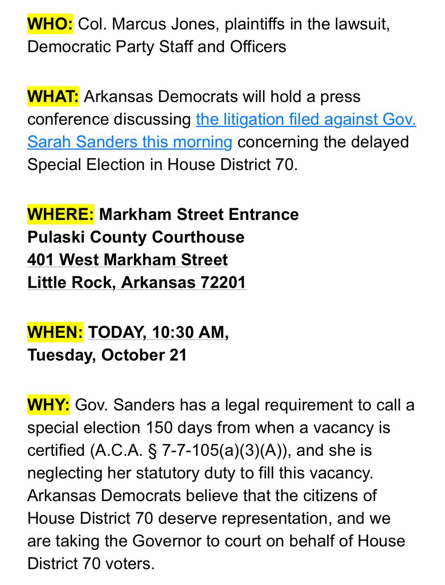 Democrats to sue over Sarah Sanders unconscionable delay of special election to fill vacancy in swing House District 70 in North Little Rock. See a pattern in GOP trashing of the law at national and state level?