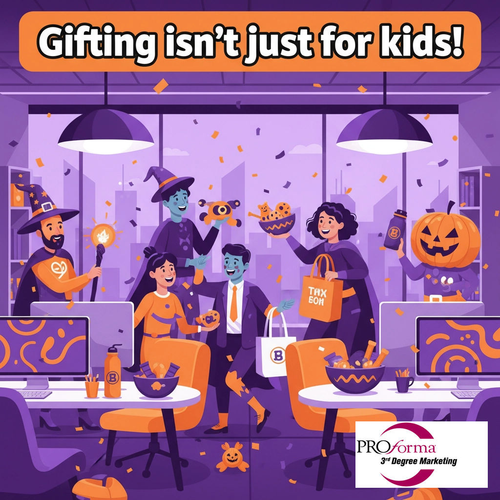onesourcepromo's tweet image. Who says Halloween is just for kids? Grown-ups love the treats, too! Boost your October game with branded office swag, gourmet goodies, and client gifts that wow. Let’s make your brand the (trick or) treat of the season! #HalloweenAtWork #Proforma3rdDegree