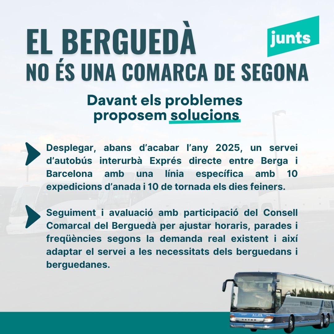 juntsperberga's tweet image. 🚍 El Berguedà no és una comarca de segona

❌Patim un greuge històric
❌No pot ser que el Govern de la Generalitat deixi cada dia persones a terra i no reforçi el servei. 

✅Ens toca tenir una línia exprés.cat entre Berga i Barcelona, directa, ràpida i digna.