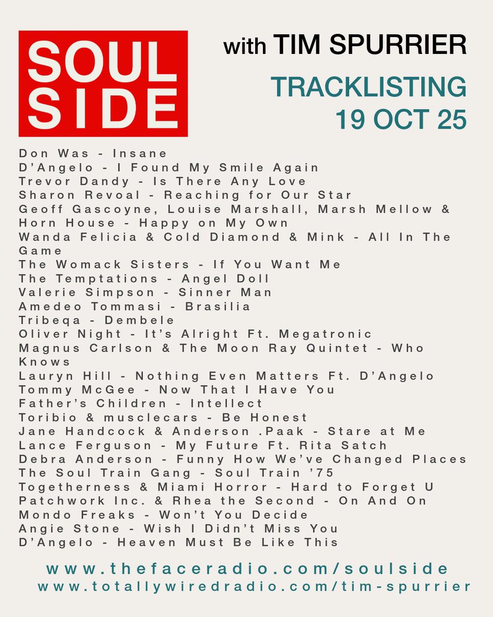 The latest Soulside is live in the archive.
A journey from deep soul and rare grooves to fresh new releases lighting up today’s scene.
Tim’s got the blend — funk, jazz, nu-soul, R&amp;B, and sunshine in every groove.

Listen now:
🎧 thefaceradio.com/soulside/
🎧 totallywiredradio.com/tim-spurrier/