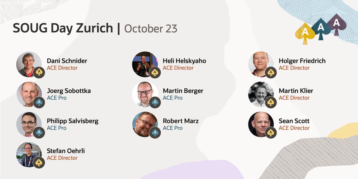 oracleace's tweet image. Exciting to see Oracle ACEs featured as speakers at SOUG Day Zurich 2025 on October 23! 🇨🇭✨ Get ready for a day full of expert insights and networking with the Swiss Oracle community.   

Discover more details and register:
🔗 social.ora.cl/6010AZYs6  
@dani_schnider…