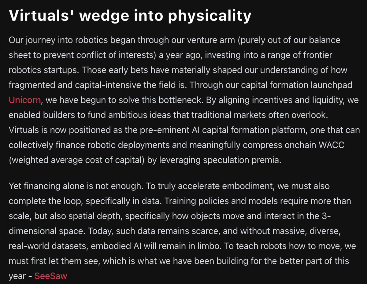 Virtuals Protocol announcement on entering physical robotics and introducing SeeSaw for data collection