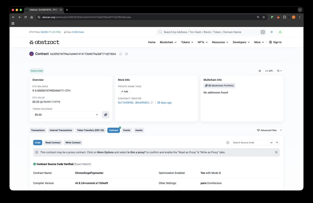 parallel_evm's tweet image. hey @playchronoforge your ChronoforgePaymaster @AbstractChain sponsorship funds are depleted needs a refill
so yeah can't perform any related feature rn
abscan.org/address/0x2092…