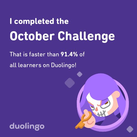 LearnWifRena's tweet photo. I completed the October challenge faster than 91.4% of all learners on Duolingo! https://t.co/R3Hy2Balfc