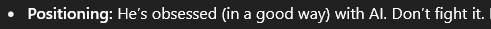 Lol reviewing a conversation with one of my potential clients, and here's a note from AI while reviewing the conversation with me.

Considering the source, I'm thinking Chat might be a bit biased 😅