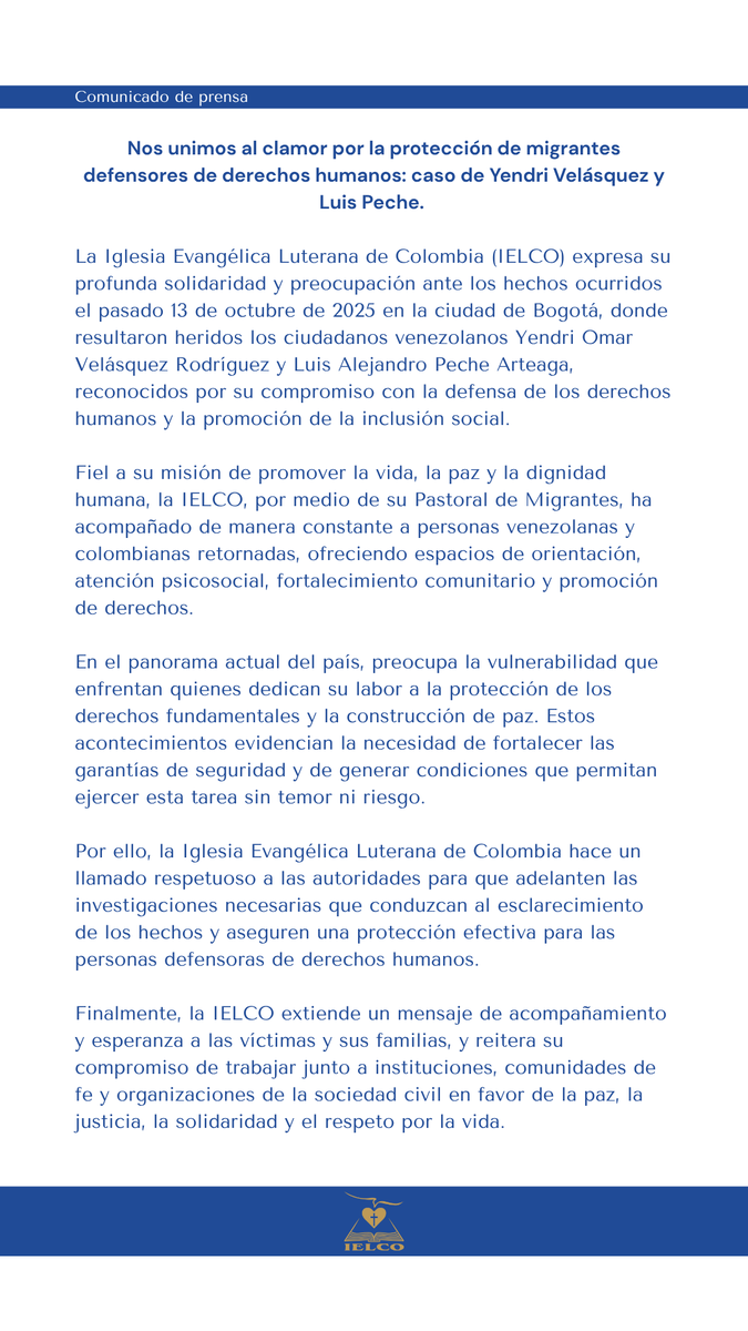 #Comunicado 📣 Nos unimos al clamor por la protección de #migrantes defensores de derechos humanos: caso de Yendri
Velásquez y Luis Peche.

El comunicado en nuestra página web: ielco.org/nos-unimos-al-…