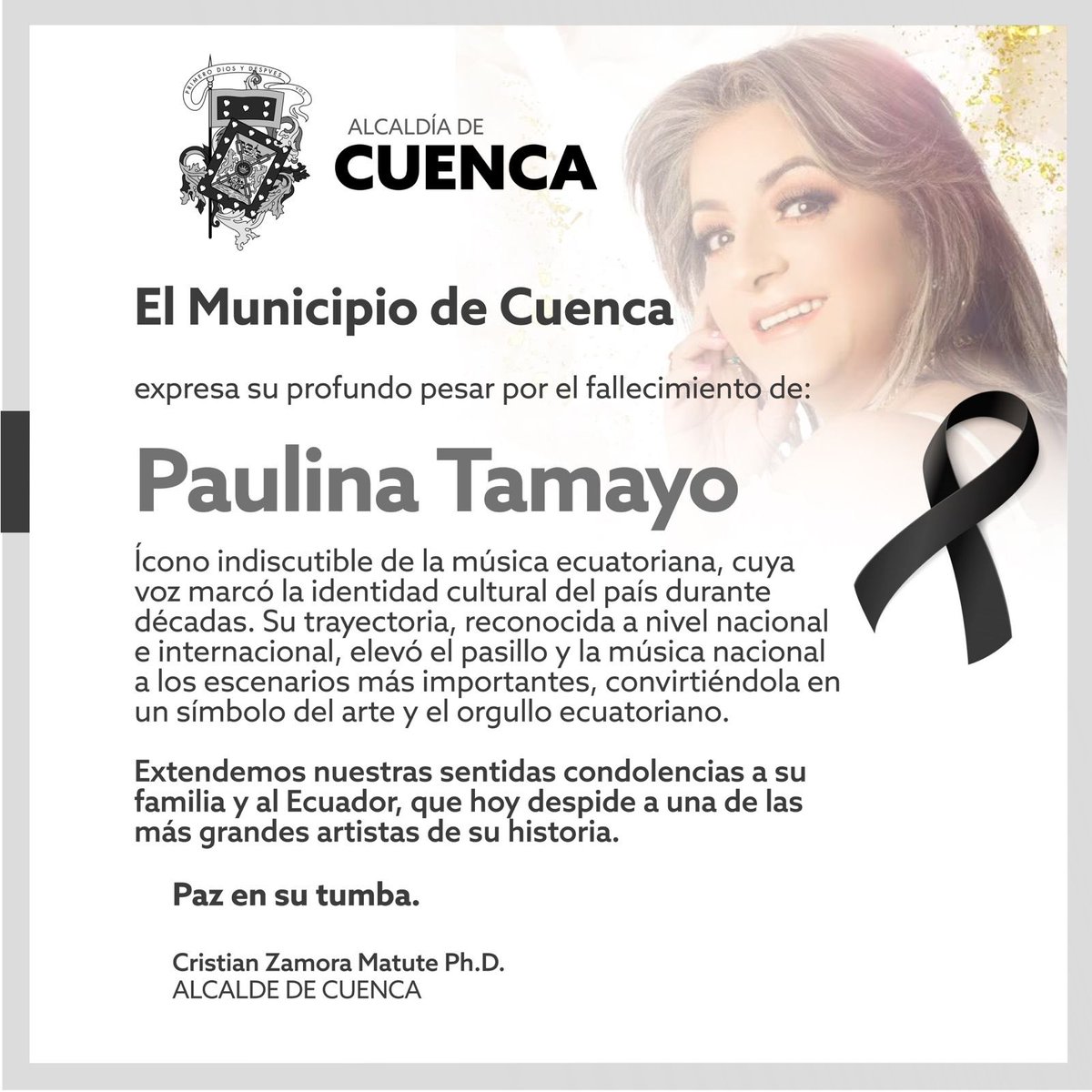 El Ecuador pierde una voz histórica.
<a href="/paulinatamayoec/">Paulina Tamayo</a>, símbolo de nuestra música nacional, deja un legado eterno que honra nuestra identidad cultural.

Expresamos nuestro profundo pesar.
Su voz vivirá para siempre 🕊️