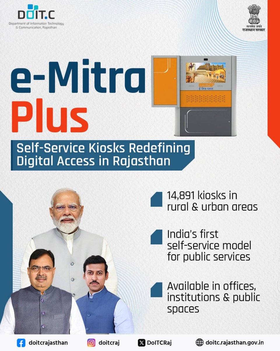 DoITCRaj's tweet image. From villages to cities, Rajasthan is making e-governance seamless with e-Mitra Plus kiosks, bringing convenience, accessibility and innovation right to the people.
#Doitc #Emitra_plus