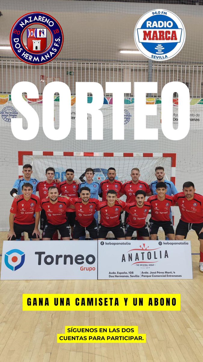 🚨Mañana, en Directo Marca Sevilla, vamos a sortear una camiseta del <a href="/NazarenoDHFS/">Torneo Seguridad Nazareno Dos Hermanas FS</a> y un abono para la temporada.

▶️ Para ganar, tienes que ser el primero en responder de forma correcta una pregunta que haremos en el programa, y seguir las cuentas del club y de la radio en X.