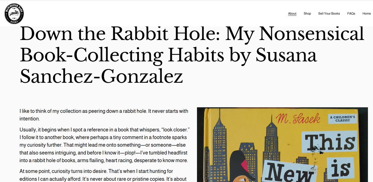 Guest blog up Manchester Rare Books about my nonsensical collecting habits! MRB has a great range across all genres. Have a look &amp; buy yourself a treat or two. I dare you to come tumble down the rabbit hole with me! manchesterrarebooks.com/book-blog/yq... #BookCollecting  #ChildrensBooks