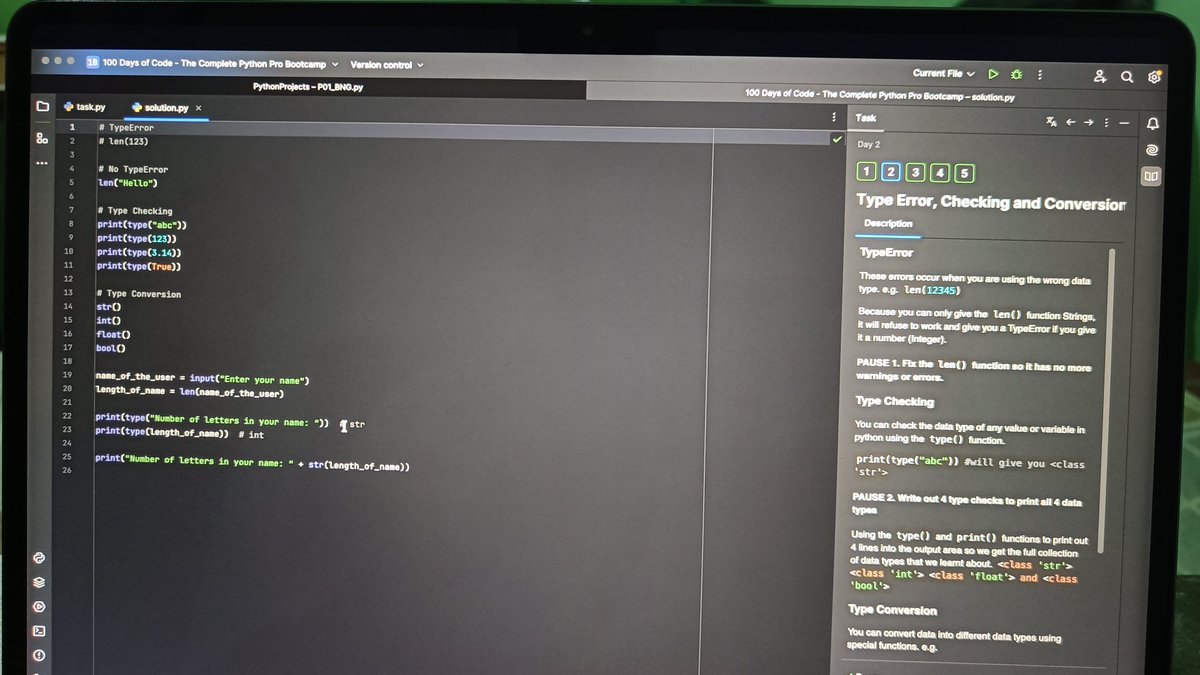 Mohit_HR_34's tweet image. 🐍Day 2/100 of #100DaysOfCode! 🚀
Dived into Python data types today:
- Primitives: `int`, `float`, `str`, `bool`
- Type Conversion (`str()`, `int()`)
- Number manipulation and f-Strings for clean output.
Getting the fundamentals right. On to Day 3!
#Python #Coding #LearnToCode