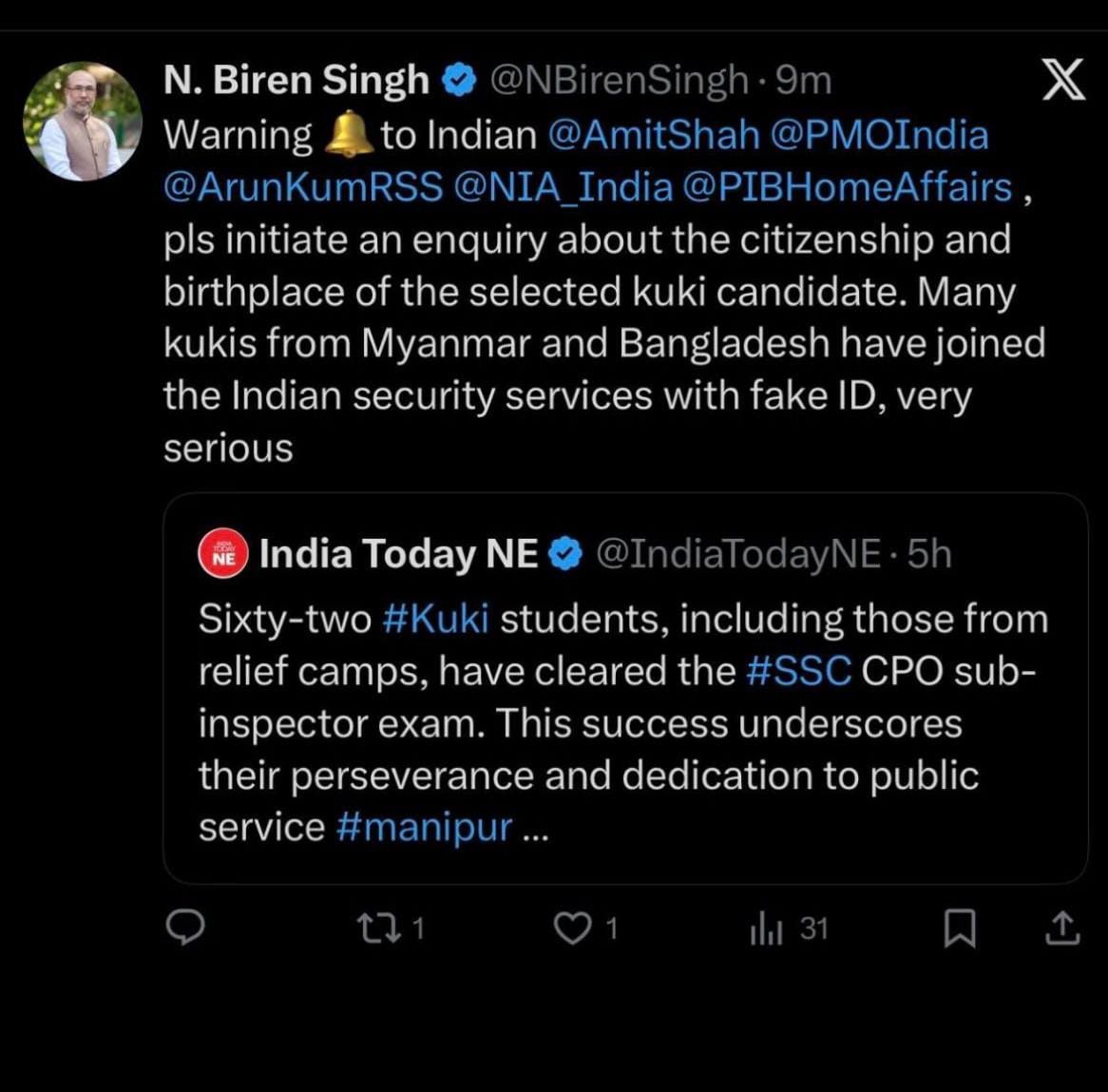Nampi_Romeokuki's tweet photo. Crimes Minister of Moneypur  @NBirenSingh is out of jealousy and very upset 😅 about 60+ successful Kuki candidates. 
 
God bless them through their hard working congratulations to all kukis successful candidate's 👍🤍

@IndiaTodayNE @ukhrultimes https://t.co/VcqTR1y5Fy