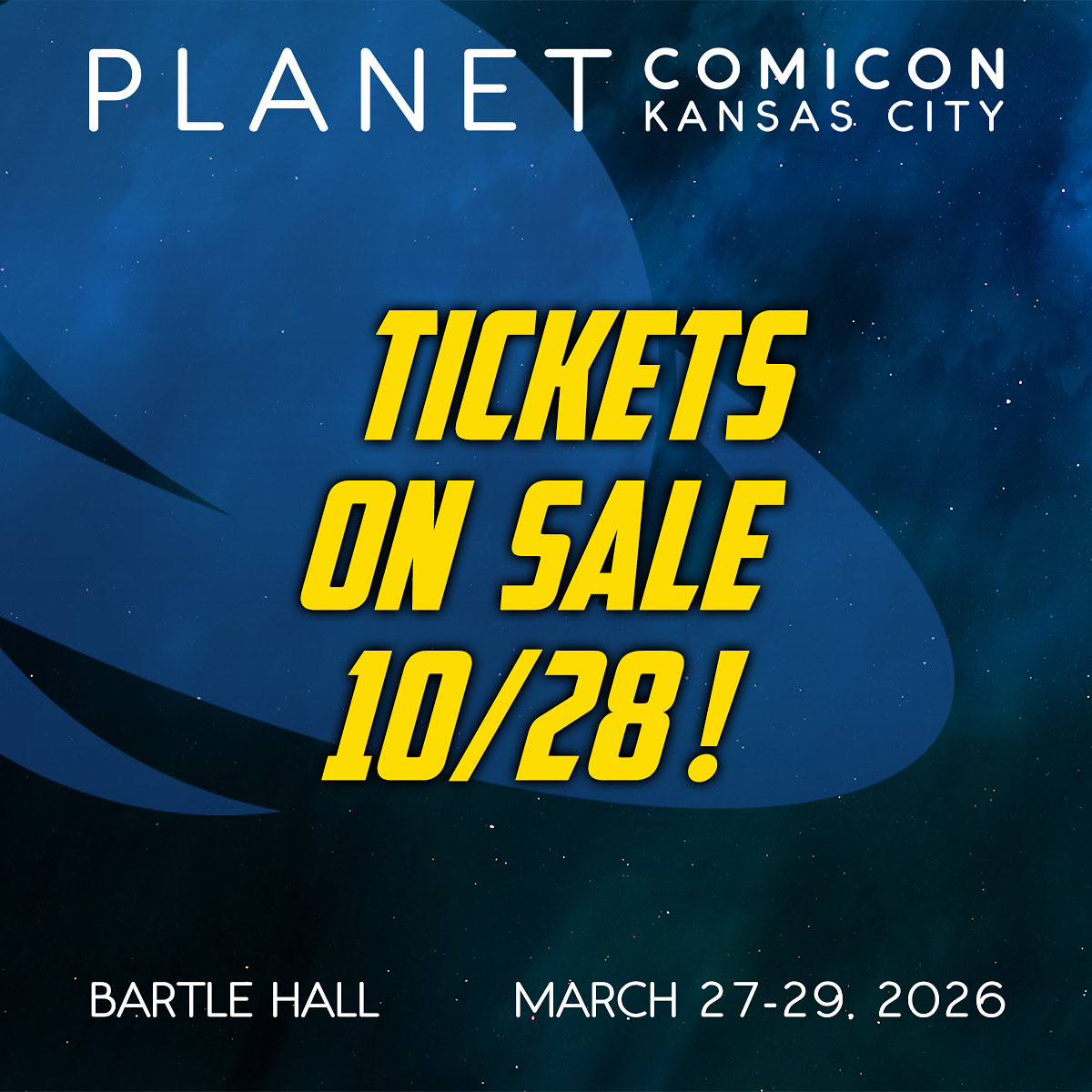 📣IMPORTANT ANNOUNCEMENT📣

Planet People - we are ecstatic to let you know that tickets, Fast Passes and Fast Pass Tokens for Planet Comicon Kansas City on March 27-29, 2026 will go on sale in ONE WEEK, starting 10/28/2025 at 10am CT. 

🎟️planetcomicon.com🎟️