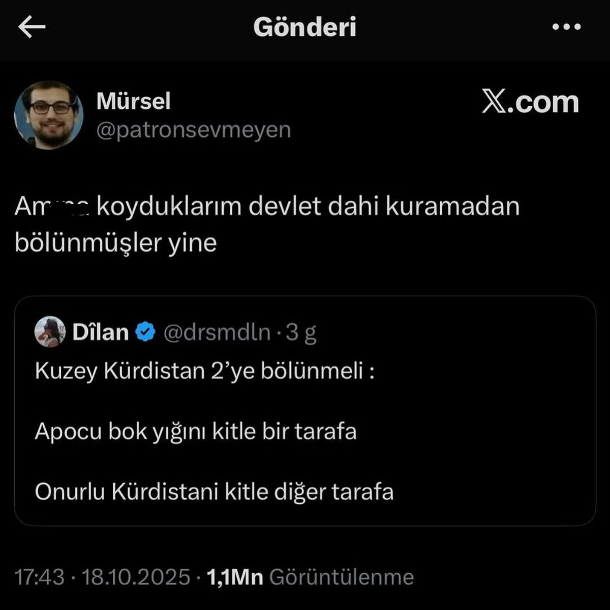 Bir sosyal medya kullanıcısının, Kürtçü şahsın paylaşımına yanıtı: