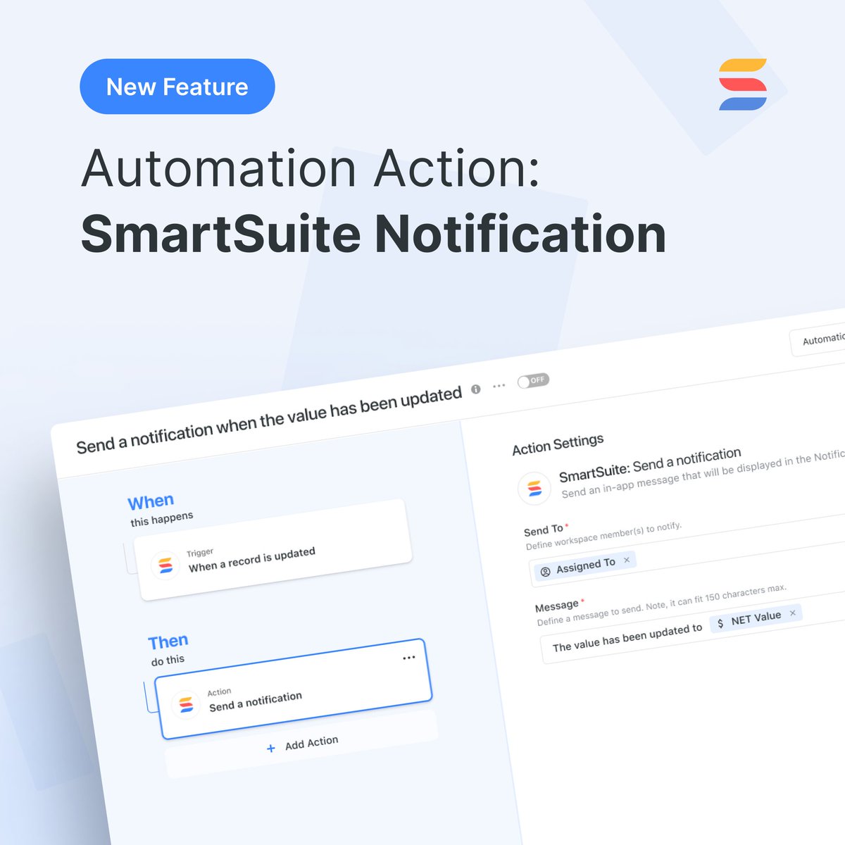 hellosmartsuite's tweet image. New Automation Action: Send a Notification

SmartSuite automations now include a new action allowing you to send in-app messages directly to workspace members through the Notification Center.

Learn more: lnkd.in/gYPfkjux