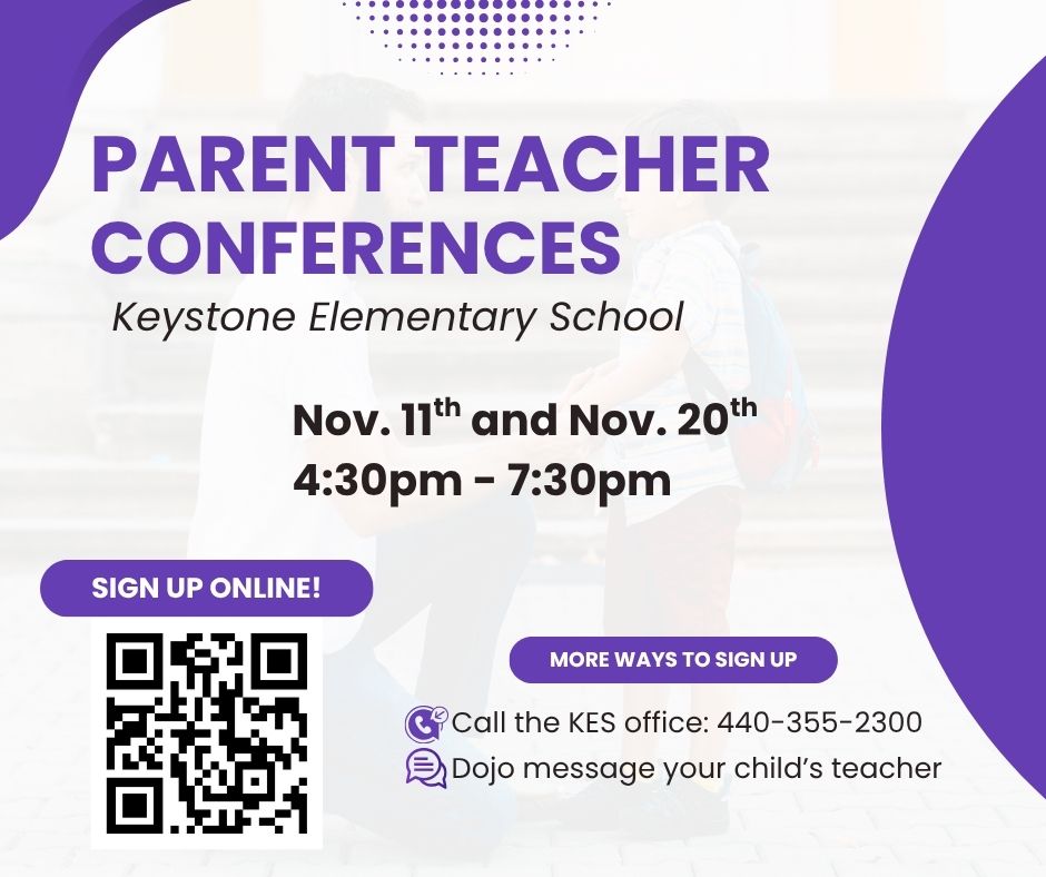 KES Parents - Conferences are Nov 11 and Nov 20 from 4:30-7:30. Don't forget to sign-up @ bit.ly/3J62A7j. Direct ALL QUESTIONS to the KES Office at 440-355-2300 OR message your child's teacher on Dojo. 
.