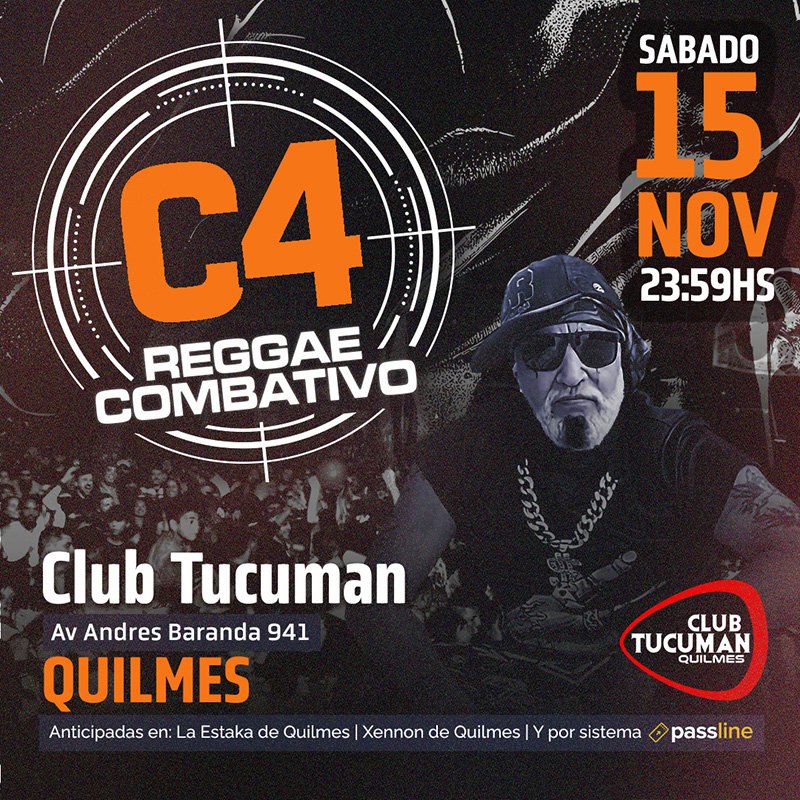 QUILMES, ZONA SUR!!!Sabado 15 de Noviembre 23:59 horas en el Club Tucuman, Direccion Andres Baranda 941 Quilmes. 
Anticipadas en: 
La Estaka de Quilmes 
Xennon de Quilmes 
y por sistema Passline 👇♥️🎵
 passline.com/eventos/c4-reg…