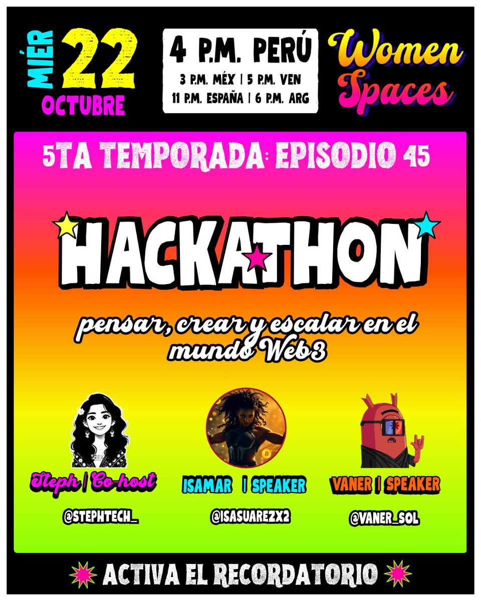 Hablaremos sobre hackathones: su impacto, los desafíos, la preparación y el poder de los encuentros presenciales en Web3, junto a <a href="/Vaner_Sol/">Vaner</a> y <a href="/isasuarezx2/">Isamar Suárez ♦️</a>.

Martes 22 de octubre | 4:00 p.m. (hora Perú)
Co-host:<a href="/StephTech_/">Steph</a> 

¡Activa recordatorio!
x.com/i/spaces/1ZkJz…
