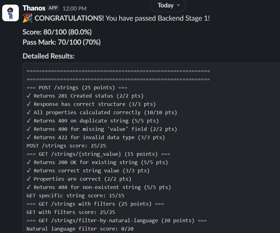 HOSankeed's tweet photo. Tested with #Postman and deployed on #Railway. couldn't execute the GET /strings/filter-by-natural-language (20 points) === Natural language filter score: 0/20.  Would look to try that after deadline. On to the next task. 🏃🏃 https://t.co/iL8jG9dyNG