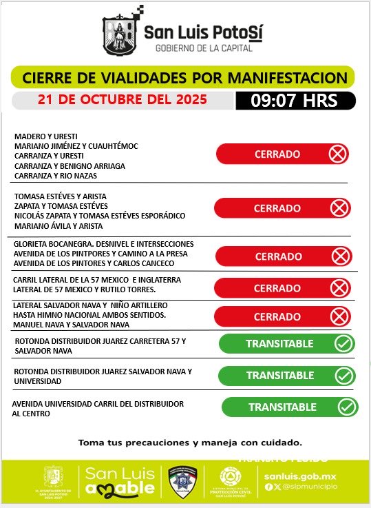 SSPCSLP's tweet image. ⚪️🔵 #ReporteVial 🚨#VialidadSLP

⚠️ Actualización. Se suman cierres viales:

⛔️Lateral de Carr. 57 a partir de la TTP y Rutilo Torres (se orienta la circulación hacia centrales)  

⛔️Av. Reforma y Alvaro Obregón

⛔️Av. Pintores y Camino a la Presa

👮🏻‍♂️🚔 Toma tus precauciones y…