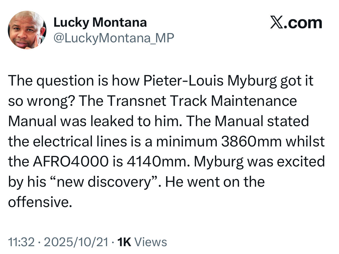 PLMyburgh's tweet image. If you feel aggrieved by any of my reporting you must take me to court, @LuckyMontana_MP… You stole more than enough money from #Prasa, so you’ve got the money to do it. Come on, sue me, let’s see something.