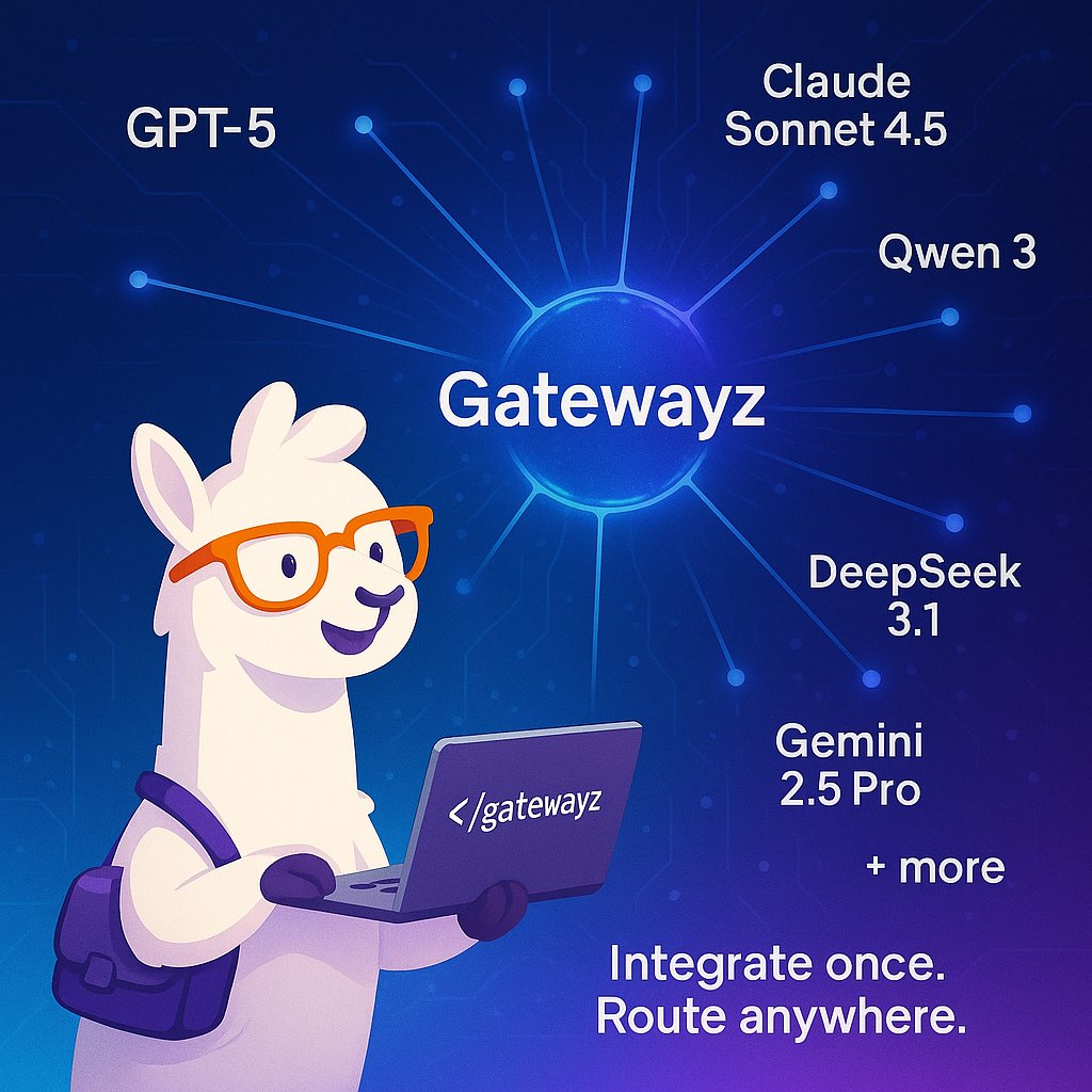 AlpacaNetworkAI's tweet image. The AI world moves fast. Every week, a new model drops with its own API, pricing, and rate limits.

Gatewayz is one API for more than 10,000 models, GPT-5, Claude Sonnet 4.5, Qwen 3, DeepSeek 3.1, Gemini 2.5 Pro, and more.

Integrate once. Route anywhere.
