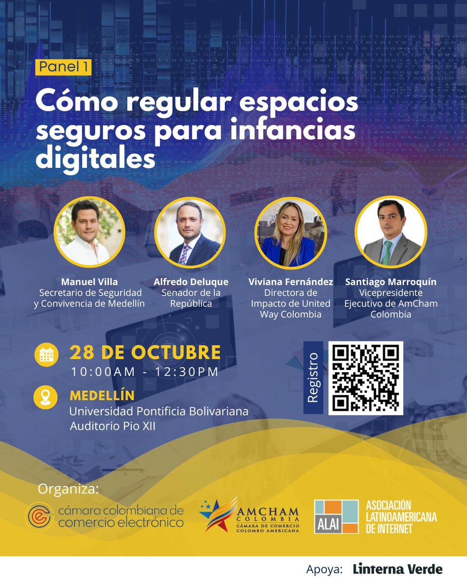 👦🏽💻 Este 28 de octubre los invito a conversar sobre cómo regular  espacios seguros para las infancias digitales 👧🏽💻 Un tema clave para proteger a nuestros niños y niñas en el entorno online.

📍 Medellín, Universidad Pontificia Bolivariana – Auditorio Pío XII
🕙 10:00 a.m. -