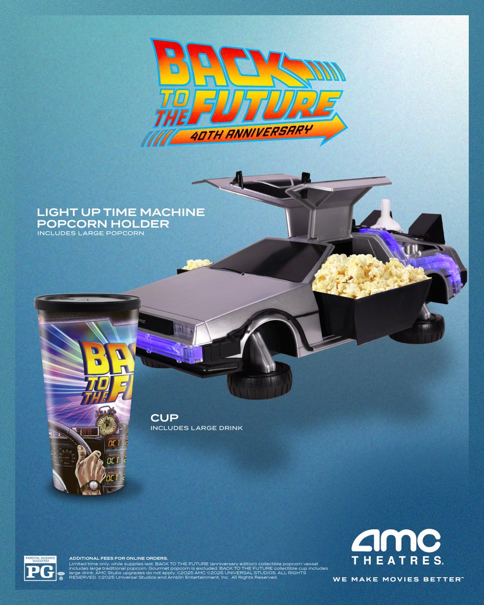Travel BACK TO THE FUTURE with a collectible light up Time Machine popcorn holder and commemorative cup. Each comes with large popcorn or drink. Available in theatres 10/26 while supplies last. bit.ly/43djNCw