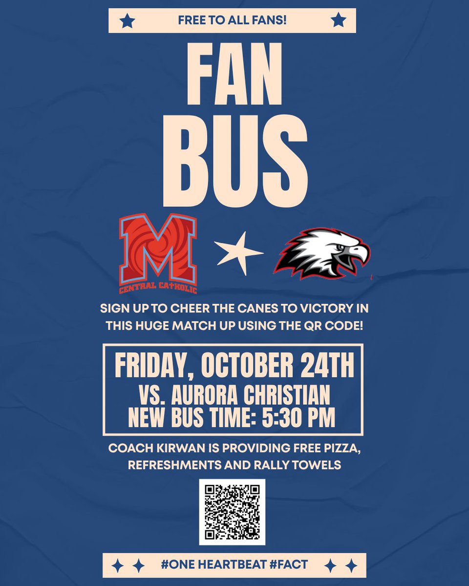 🚨 FAN BUS ALERT 🚨
Let’s pack the stands at Aurora Christian Friday! 💪
Free ride, pizza &amp; rally towels — just bring your Hurricane energy 🌪️
🕠 Bus leaves 5:30 PM
📍Sign up w/ QR code or this link: forms.office.com/Pages/Response…
#OneHeartbeat #FACT