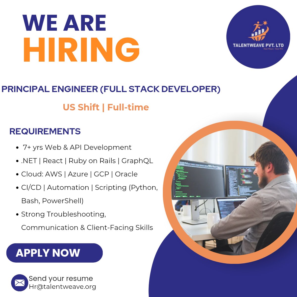 Talentweave_ltd's tweet image. We’re hiring Principal Engineer (Full Stack) 🌐
📍 US Shift | India-based | Full-time
Work across modern tech & cloud platforms.
📩 Apply: Hr@talentweave.org
🔗 Apply here
linkedin.com/posts/talentwe…
#Hiring #FullStackDeveloper #TechJobs #ITJobs