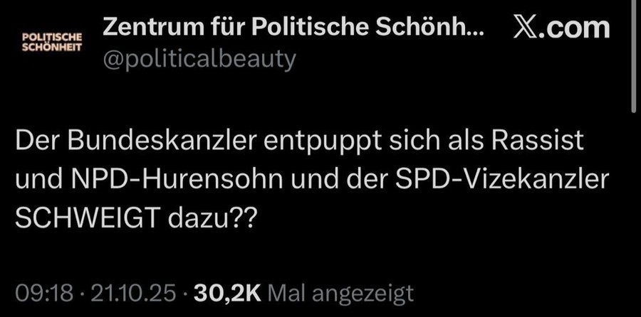CLeiserfluss's tweet image. Ich bin der Ansicht, dass solche heftig hasserfüllten Posts von 𝗟𝗜𝗡𝗞𝗘𝗡 mal 𝗢𝗥𝗗𝗘𝗡𝗧𝗟𝗜𝗖𝗛 𝗩𝗜𝗥𝗔𝗟 gehen sollten. @politicalbeauty hat den Post jetzt aus Angst gelöscht. Nun, vielleicht steigen die Chancen einer Strafe, wenn man 𝗗𝗔𝗦 weiterverbreitet!