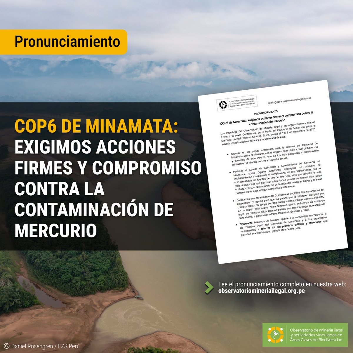 Observatoriomi's tweet photo. 🚨 Desde el Observatorio de Minería Ilegal, hacemos un llamado rumbo a la #COP6 del Convenio de Minamata: urge avanzar hacia la prohibición global del uso y comercio del mercurio, un insumo altamente peligroso utilizado en la minería de oro a pequeña escala que sigue afectando gravemente a comunidades indígenas, rurales y ribereñas de la #Amazonía.
💪 Reafirmamos nuestro compromiso con el monitoreo, la cooperación y la transparencia internacional, e instamos a fortalecer los mecanismos de cumplimiento y financiamiento para proteger la salud, la justicia ambiental y los ecosistemas. Solo con una acción conjunta podremos avanzar hacia un planeta libre de mercurio.
▶ Lee el pronunciamiento completo aquí: https://t.co/jKLdT5Mvq2
✍️ ¡Súmate! https://t.co/jyWdvUbbgs